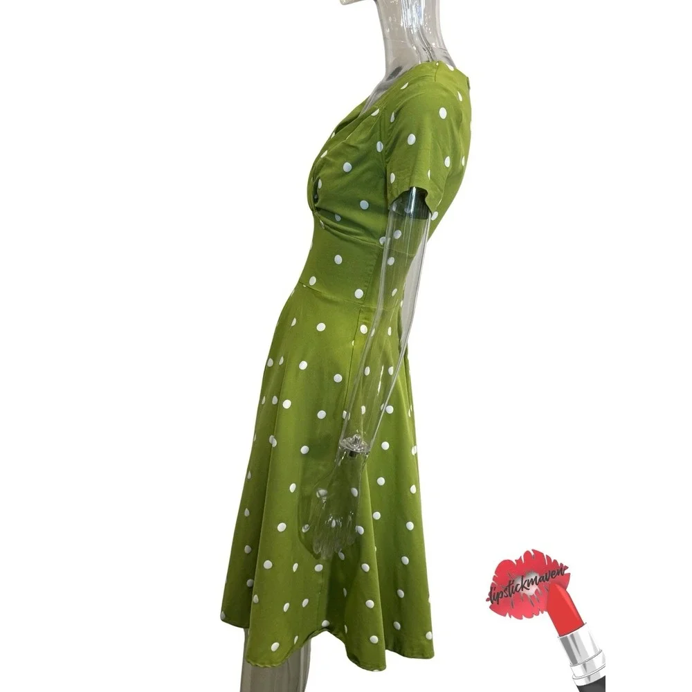 Unique Vintage Dress Womens Small 4 Green Polka Dot Retro Midi - Picture 2 of 16